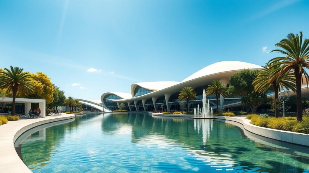 Futuristic architecture at Zaragoza's Expo 2008 area with palm trees