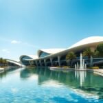 Futuristic architecture at Zaragoza's Expo 2008 area with palm trees