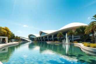 Futuristic architecture at Zaragoza's Expo 2008 area with palm trees
