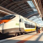 AVE vonat a Zaragoza állomásán, utasok a peronon