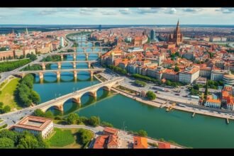 Panoráma Zaragoza városáról az Ebro folyóval és hídjaival.