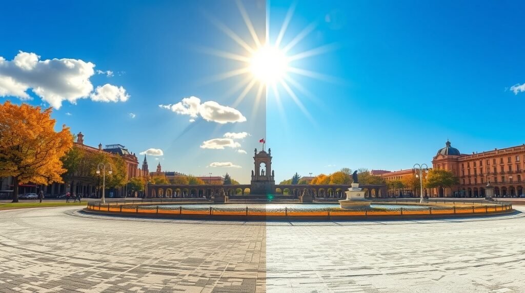 Zaragoza város szép időben, napsütéssel és kék éggel