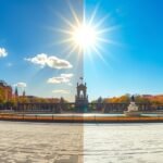 Zaragoza város szép időben, napsütéssel és kék éggel