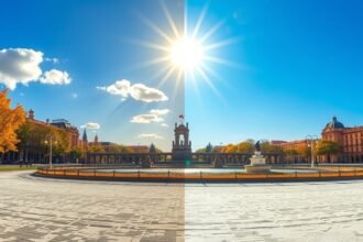 Zaragoza város szép időben, napsütéssel és kék éggel