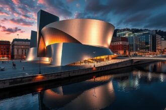 A Guggenheim Múzeum titánium épülete Bilbao városában, naplementében