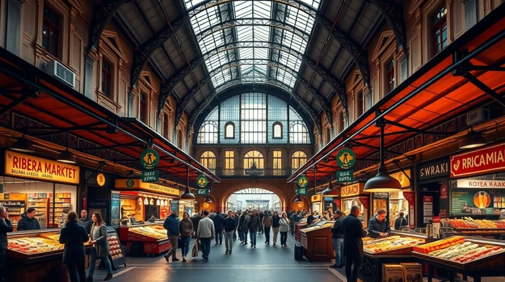 Bilbao Ribera piac belső tér, friss alapanyagok és bárok.