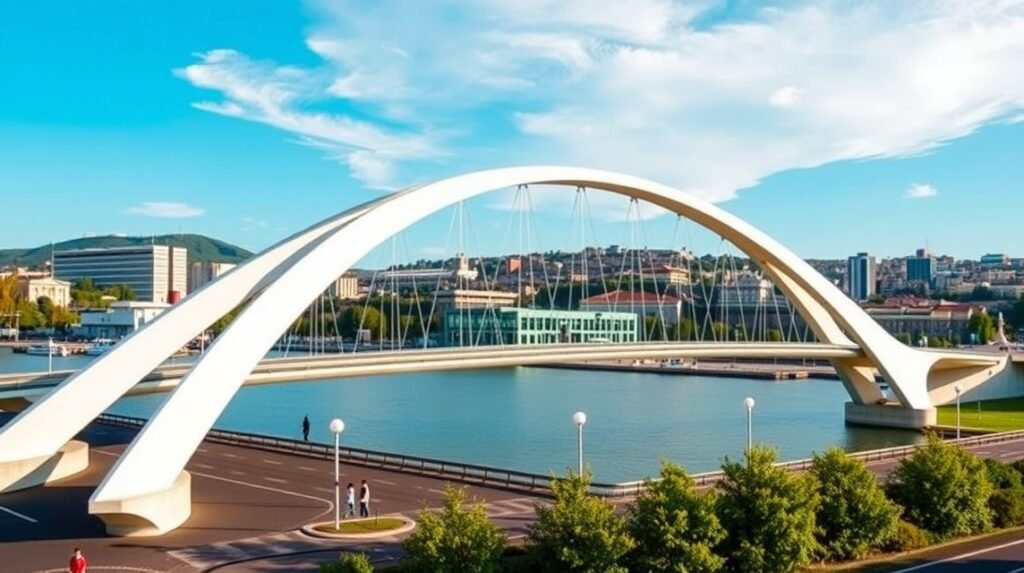 A Zubizuri híd Bilbao városában, modern építészeti remekmű.