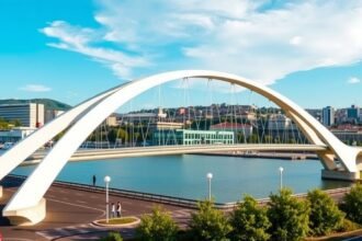 A Zubizuri híd Bilbao városában, modern építészeti remekmű.