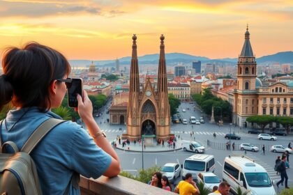 Nézőpont Barcelona városára a sunset alatt, látható a gótikus stílusú építészet.