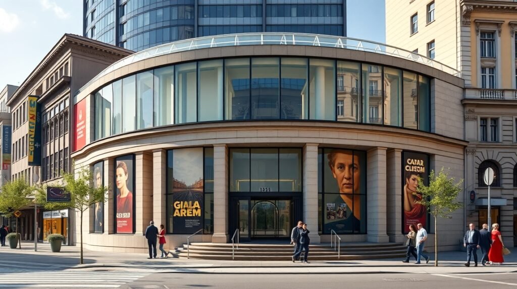 A Bilbao Szépművészeti Múzeum modern épülete, látogatók a bejáratnál.