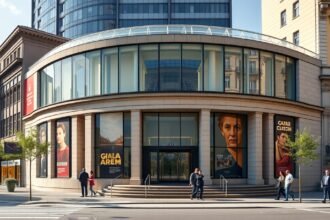 A Bilbao Szépművészeti Múzeum modern épülete, látogatók a bejáratnál.