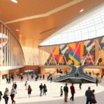 Azkuna Zentroa modern belsőtere, rajongók és látogatók a kulturális központban.