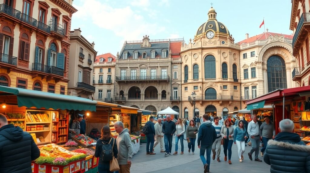 Plaza Nueva és a vasárnapi piac Bilbaoban, színes árusokkal