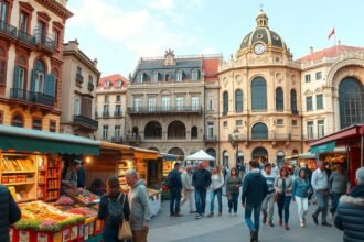 Plaza Nueva és a vasárnapi piac Bilbaoban, színes árusokkal