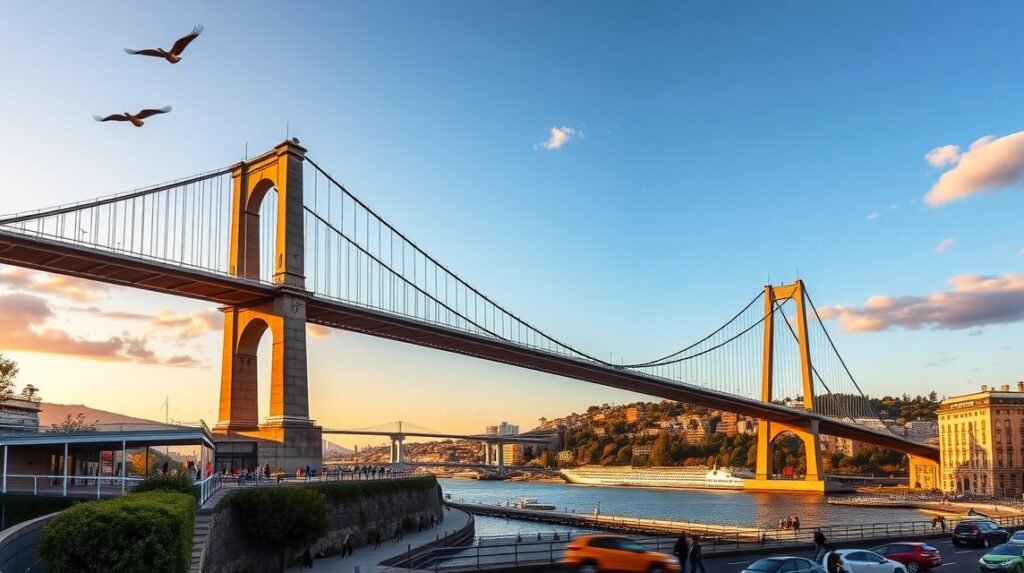 Vizcaya-híd panorámája Bilbao városában, naplementében