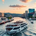 Hajókázás a Nervión folyón Bilbaóban, gyönyörű városi kilátással.