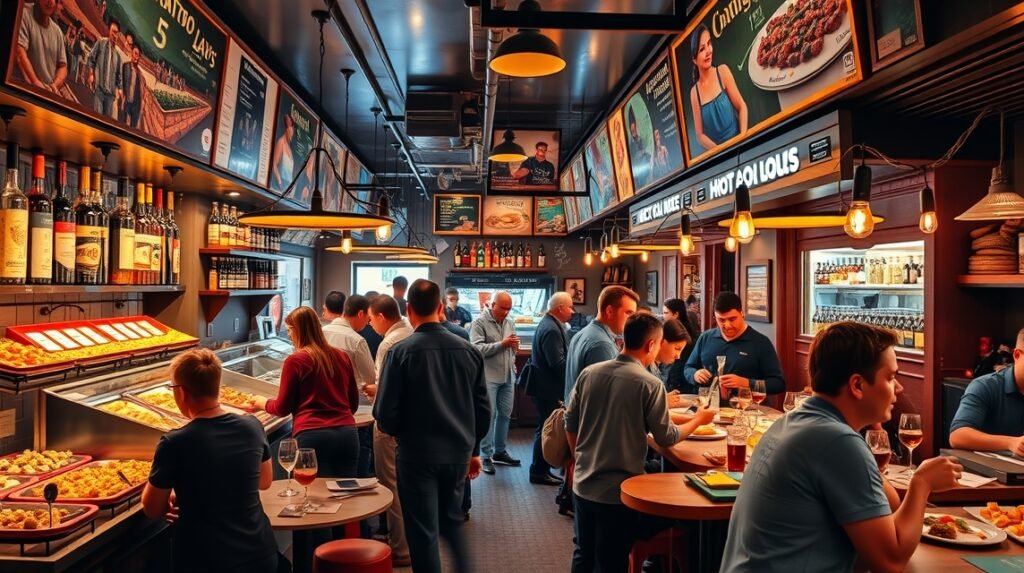 Baszk pintxos bár belső tér, élénk társasági élet és helyi ételek