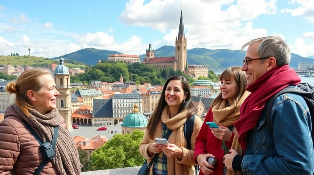 Turisták Bilbaóban, baszk nyelv és kultúra felfedezése közben