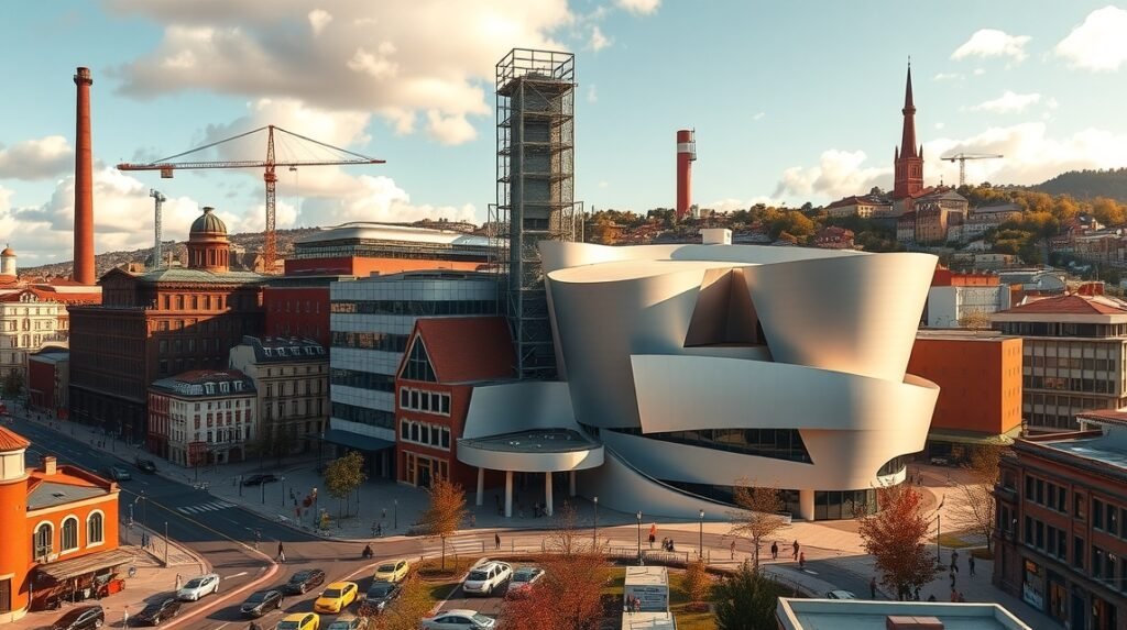 Bilbao városkép, az ipar és a művészet találkozásánál.