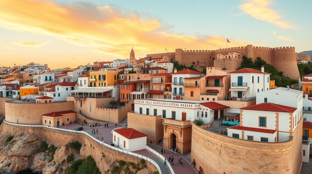 Dalt Vila óváros falai és színes házai Ibizán naplementében