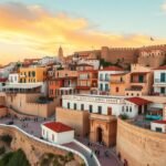 Dalt Vila óváros falai és színes házai Ibizán naplementében