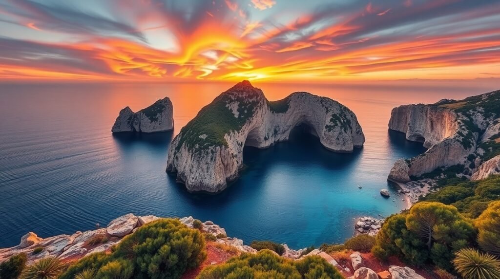 Es Vedrà szikla lenyűgöző naplementében Ibizán