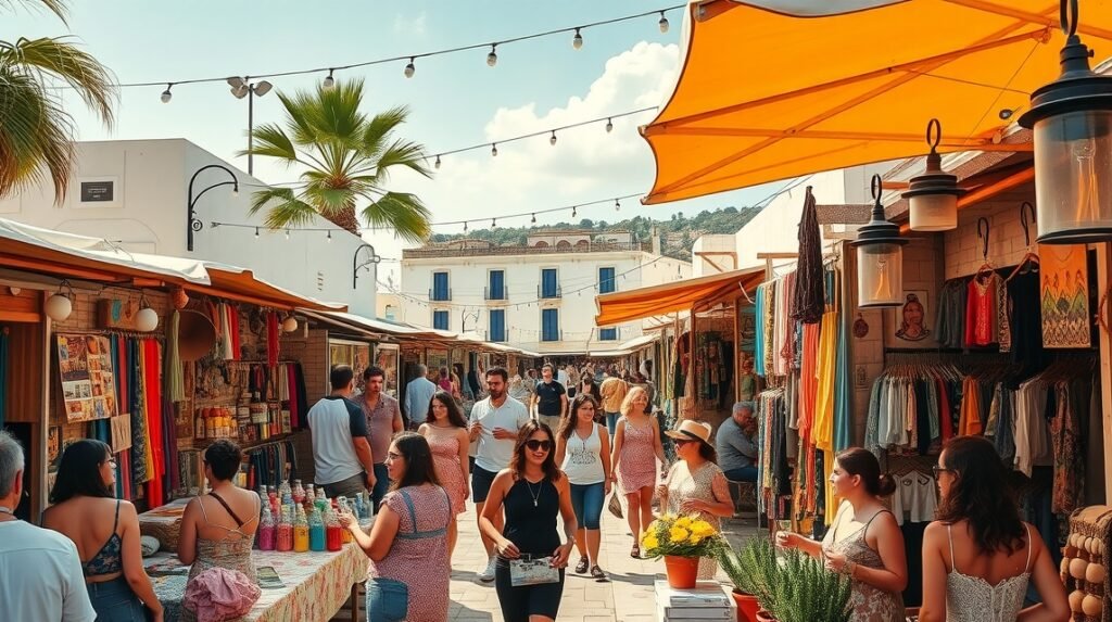 Las Dalias hippipiac élénk hangulata Ibizán, színes árusokkal.