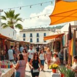 Las Dalias hippipiac élénk hangulata Ibizán, színes árusokkal.