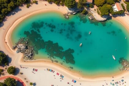 Tengerparti látkép Ibiza Ses Salines területén, türkiz víz és homokos part.