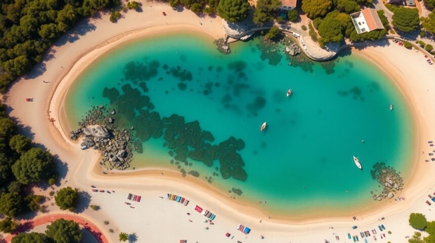 Tengerparti látkép Ibiza Ses Salines területén, türkiz víz és homokos part.