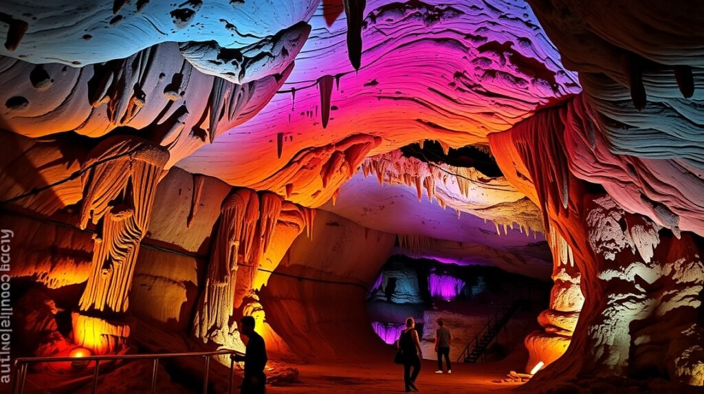 Can Marçà cseppkőbarlang varázslatos sziklaalakzatai és színes világítása