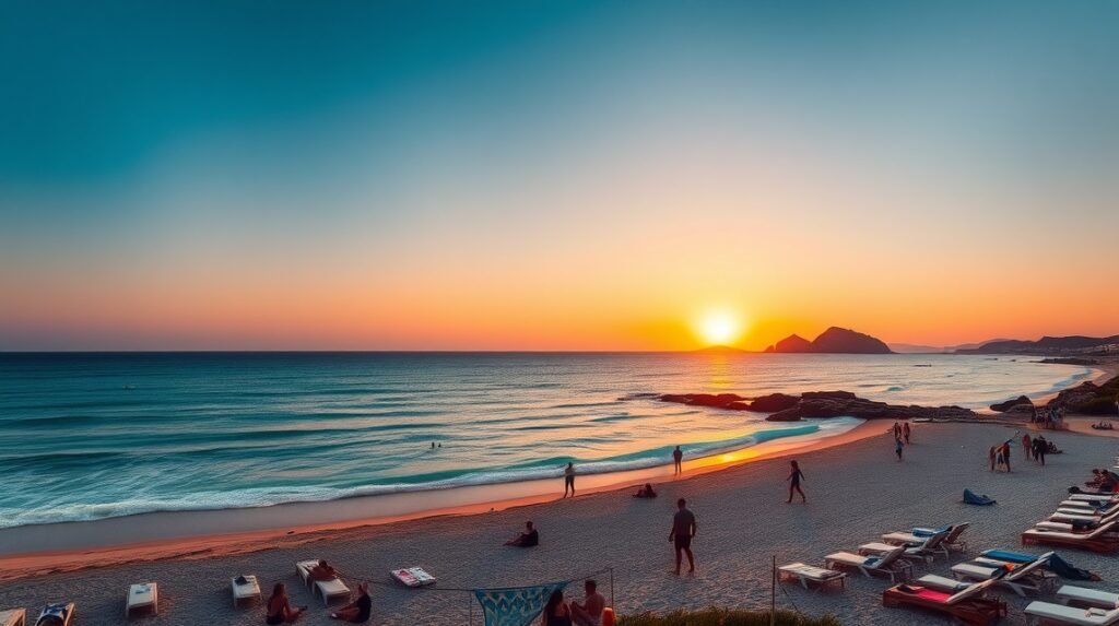 Cala Comte tengerparti naplemente, Ibiza türkizkék vízével