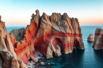 Ibiza rejtett sziklaformációk a tenger mellett, misztikus tájban.