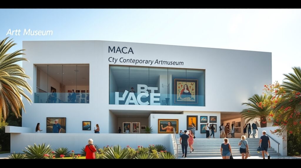 A MACE Kortárs Művészeti Múzeum épülete Ibizán, látogatók a bejáratnál.