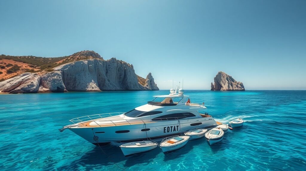 Luxus yacht Formentera gyönyörű türkiz vizében.