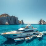 Luxus yacht Formentera gyönyörű türkiz vizében.