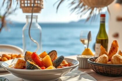 Bullit de Peix halétel tálalva tengerparti étteremben Ibizán.
