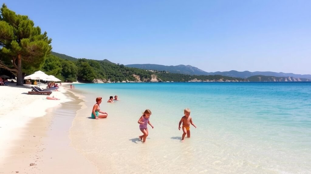 Csendes homokos tengerpart gyerekekkel és családokkal Ibizán.