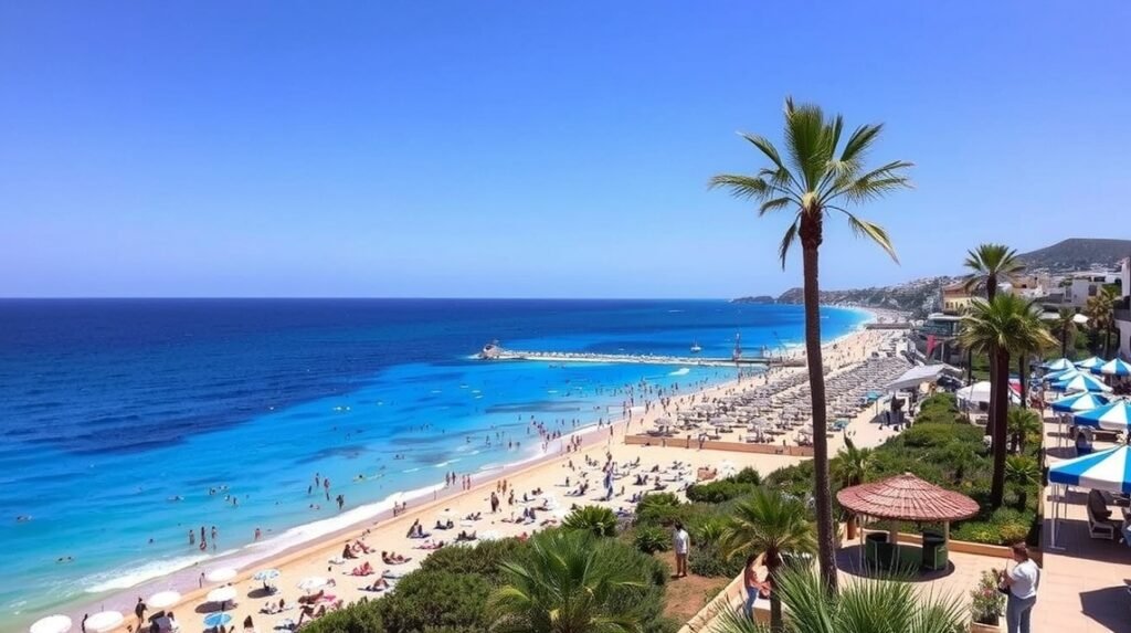 Ibiza tengerparti látkép napernyőkkel és pálmákkal