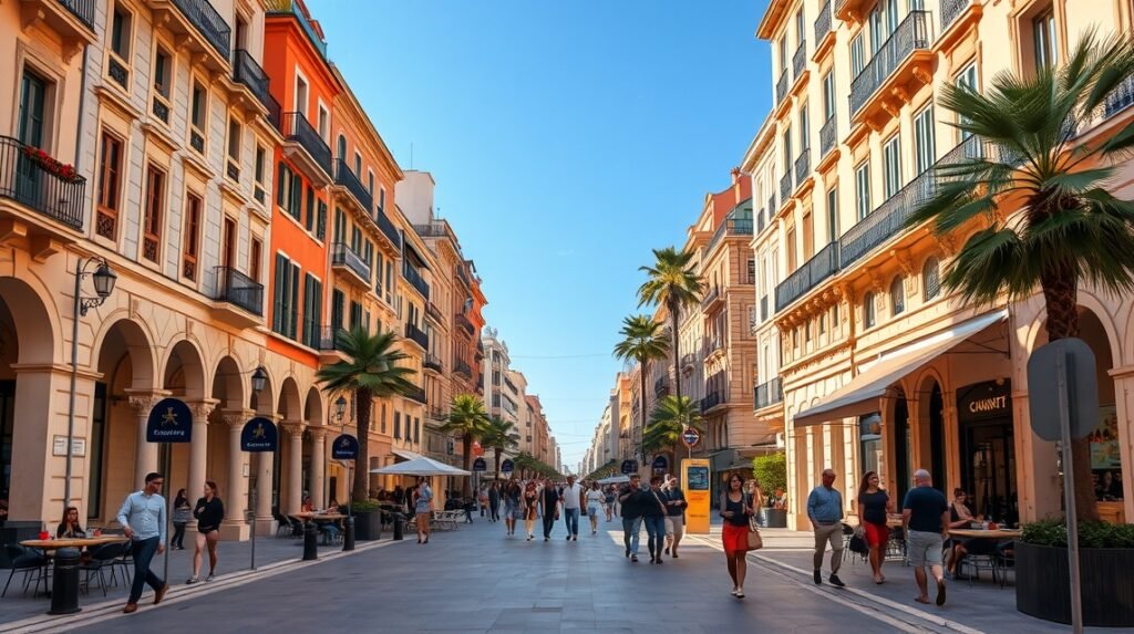 Séta a Passeig del Born sétányon Palmban, Spanyolországban