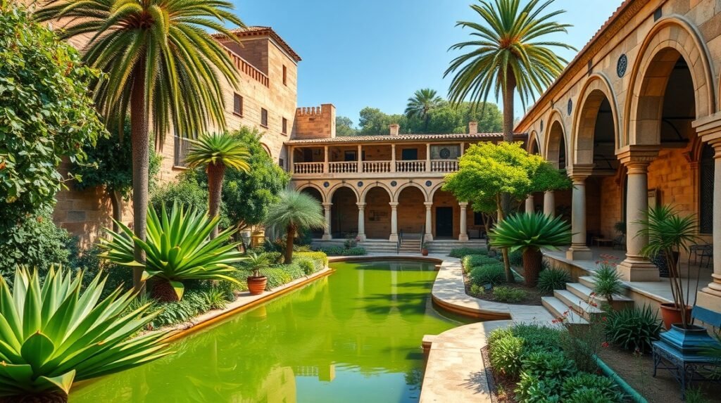 A Banys Àrabs kertje Palma csendes pálmafák és zöld tó körül.