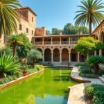 A Banys Àrabs kertje Palma csendes pálmafák és zöld tó körül.