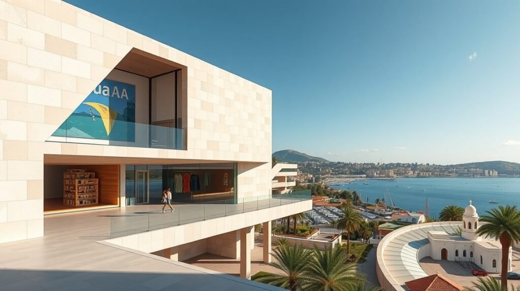 Es Baluard Modern Művészeti Múzeum és kikötő panoráma Palma városában.