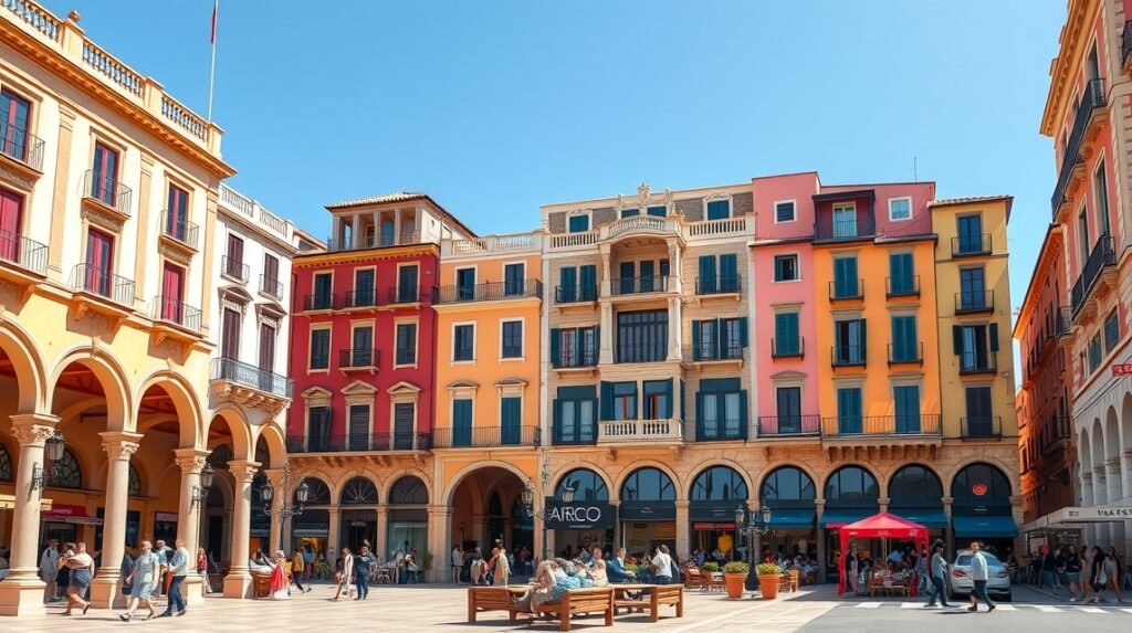 A Plaza Mayor árkádos tere Palma városában, színes épületekkel.