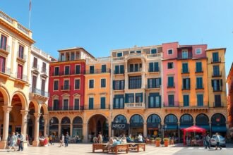 A Plaza Mayor árkádos tere Palma városában, színes épületekkel.