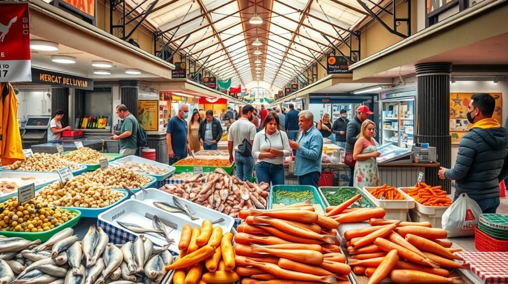 Mercat de l'Olivar piac halpultjai friss tenger gyümölcsökkel és zöldségekkel.