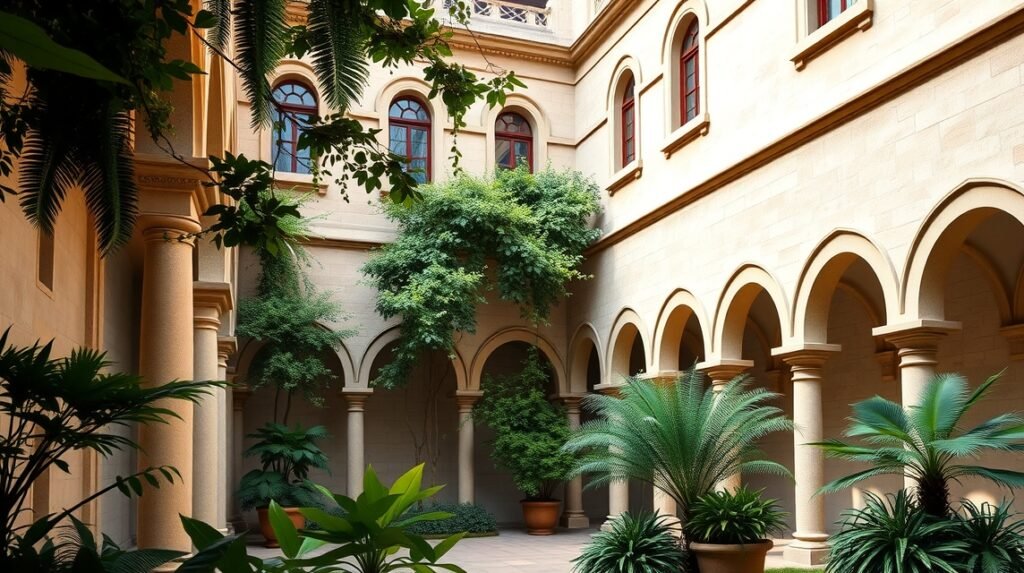 A Szent Ferenc-bazilika kolostora zöld növényekkel és árkádos udvarral