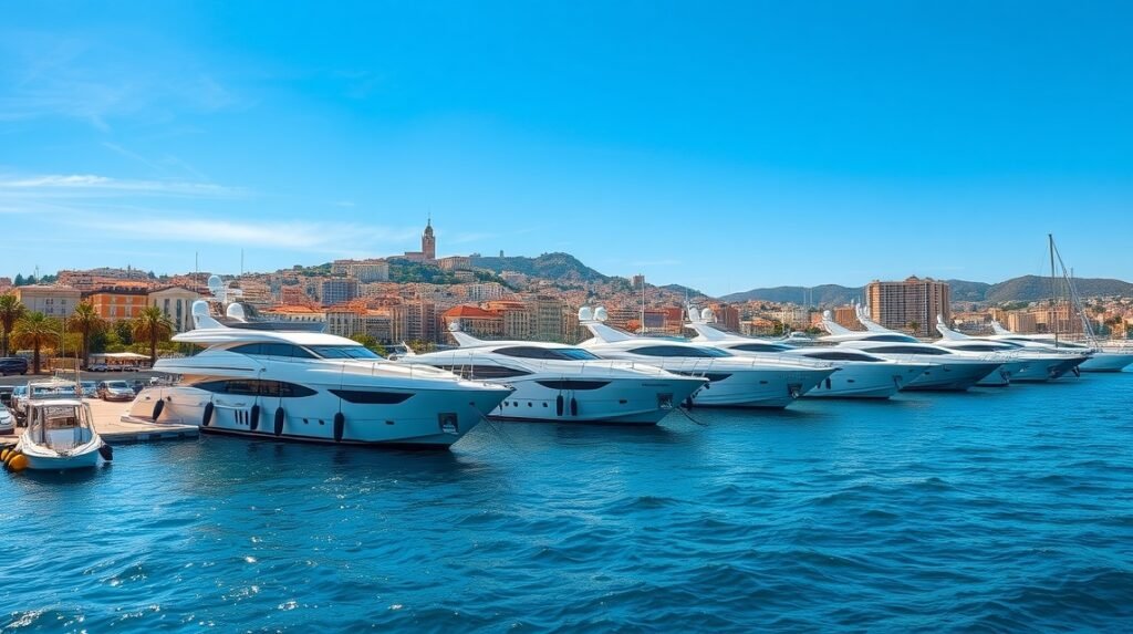 Luxusjachtok a Palma kikötőjében csillogó vízben.