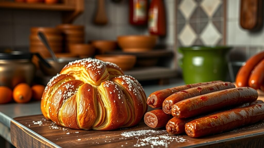 Levegős ensaimada sütemény és sobrasada a konyhában