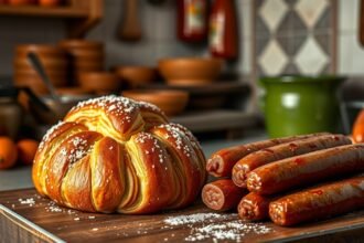 Levegős ensaimada sütemény és sobrasada a konyhában